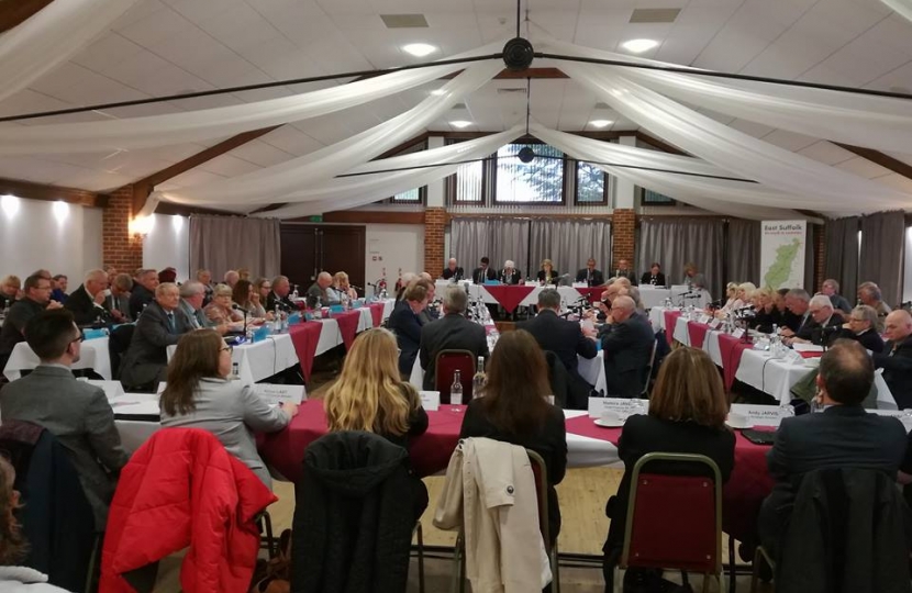 Councillors from Suffolk Coastal and Waveney gather for the historic simultaneous full council meeting