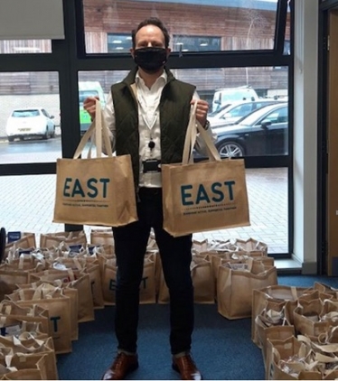 Cllr James Mallinder assisting with the assembly of the EAST bag.